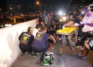 Motorbike driver seriously injured after colliding with sedan in Pattaya on overpass