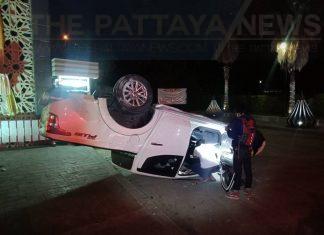 Motorbike driver seriously injured after pickup truck driver claims to lose control on wet road in Jomtien