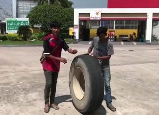 Flying truck wheel damages pickup truck in Chonburi