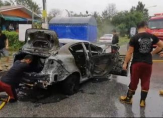 Man escapes from burning car, third car fire in Chonburi in a week