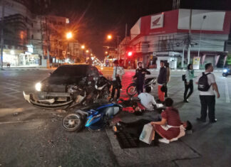Three injured after Pattaya sedan driver runs red light and crashes into two motorbikes