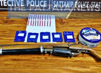 Burmese couple arrested and charged with allegedly having 1,000 methamphetamine pills and illegal firearm in Sattahip
