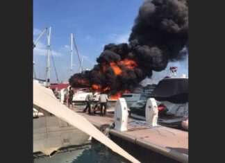 20 million baht yacht catches fire in Sattahip this morning, cause under investigation