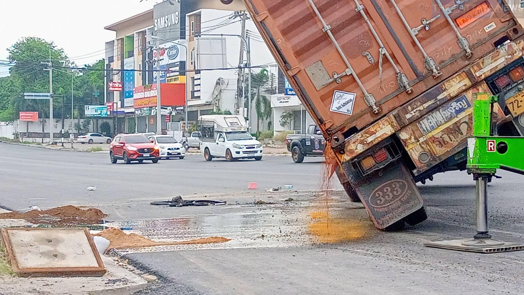 Driver blames under-construction road after his truck carrying insecticides overturns in Sri Racha