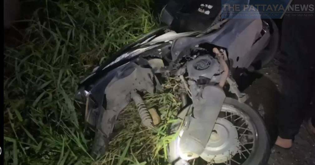 Intoxicated female motorbike rider dies after crashing into a car while driving the wrong way in Chonburi, her motorbike cut in half