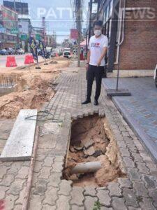 Pattaya’s unofficial mayor-elect inspects unfinished major footpath repairs in Pattaya, vows change