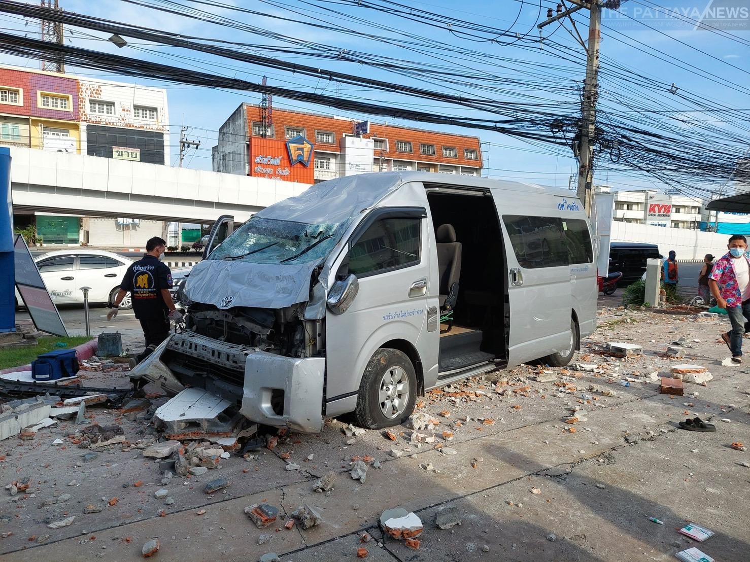 Minivan crashes through wall into gas station with two occupants injured in the Pattaya area