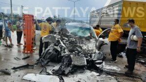 Father and his 4-year-old daughter trapped inside their sedan after collision with truck in Sri Racha, rainy weather blamed