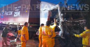 Sleepy truck driver breaks his leg in massive collision with another truck in Sri Racha