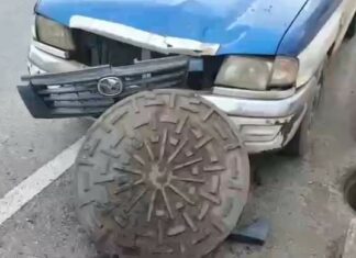 Exploding manhole cover damages baht bus, scares Pattaya drivers