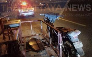 Motorbike sidecar catches fire while turning into gas station in Pattaya, driver injured