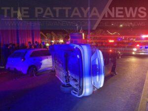 Young Woman Crashes Her Car Into Parked Vehicle and Overturns In Pattaya
