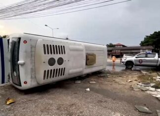 One Person Injured When Tour Bus Crashes Into a Bus Stop While Traveling from Pattaya to Rayong