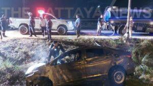 Sedan Crashes into Streetlight in Chonburi Before Bursting into Flames, Driver and Passenger Survive