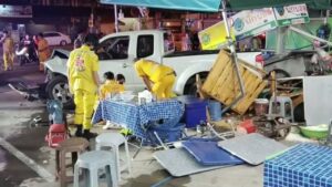 Pickup Truck Crashes into Sri Racha Noodle Stall and Injures Three People