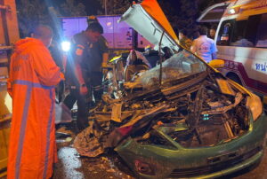 Taxi Passenger Dead, Driver Seriously Injured, After Container Falls From Truck in Bangkok