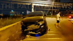 Chinese Driver Crashes Car into Barrier in Pattaya, Passenger Seriously Injured