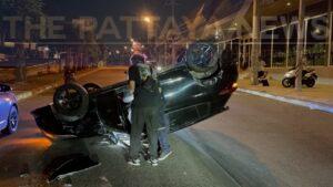 Alleged Drunk Driver Crashes Car in Pattaya and Flips It Upside Down