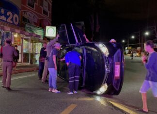 Driver Falls Asleep at the Wheel, Crashes into Parked Cars, and Overturns in Pattaya