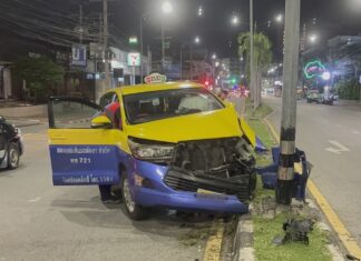 Heavily Intoxicated Foreigner Steals Taxi Across From Drunk Driving Checkpoint and Crashes into Utility Pole in Pattaya