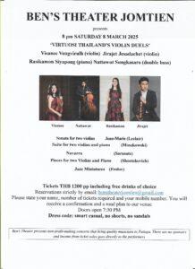 Bens Theater Jomtien Presents Very Special Virtuoso Thailand Violin Duels in March