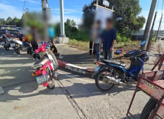 Cámara de seguridad capta colisión de motocicletas en la intersección de Sriracha, cuatro personas heridas