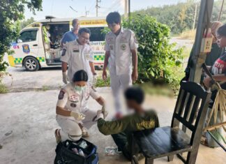 Un entrepreneur de Pattaya échappe de justesse à la perte d'une main dans un accident de tronçonneuse lors de l'abattage d'un arbre