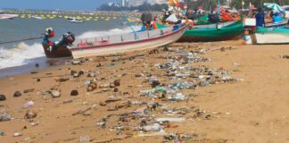 芭堤雅官员清理季风带来的海洋垃圾,地点位于乔木提恩海滩