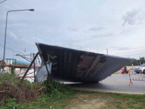 Strong Winds from Thunderstorm Topple Large Billboard in Banglamung
