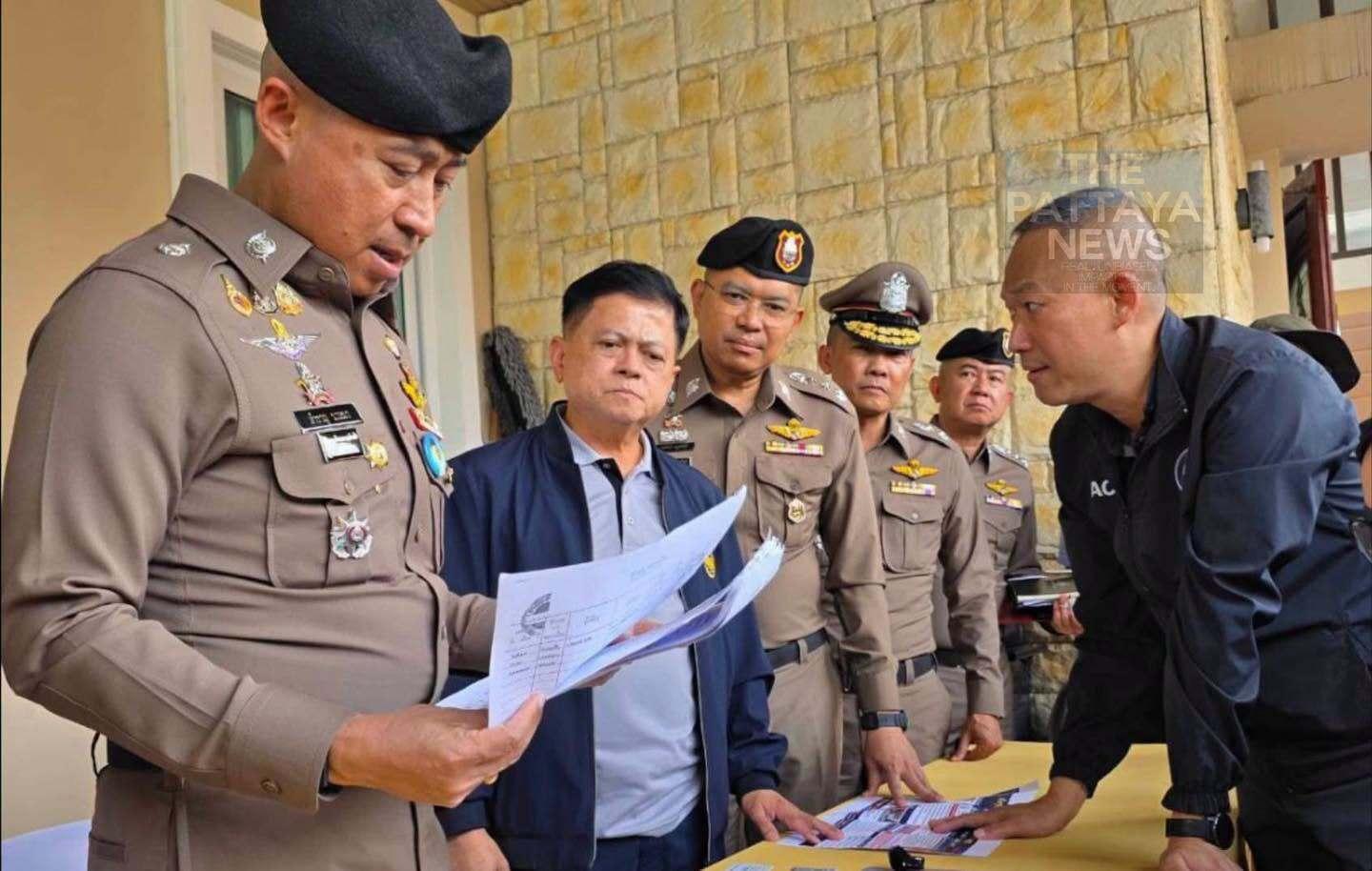 Documents and evidence displayed by Thai police in the Banglamung Interpol fugitive case covered in this Pattaya news report from Pattaya Thailand