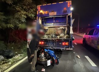 Bolt Rider Crashes Into Pattaya Garbage Truck, Two Sanitation Workers and Bolt Rider All Injured
