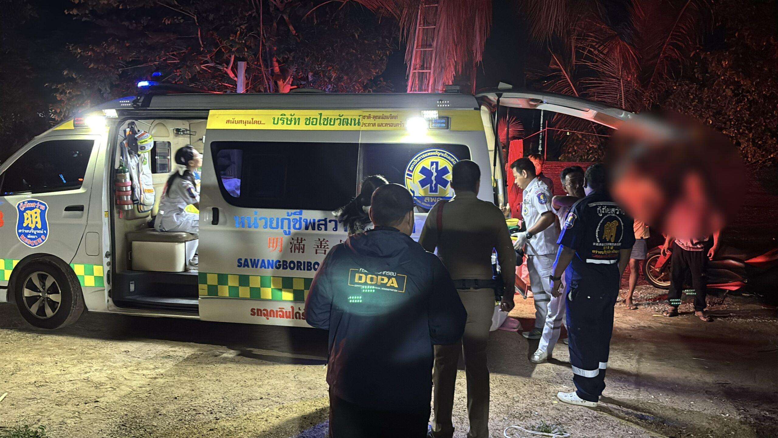 Pattaya news Thailand: police and rescue workers at the Huai Yai workers' camp near Pattaya where a Myanmar worker was arrested after a stabbing